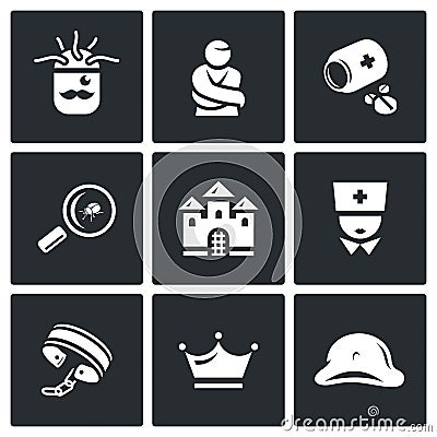 Vector Set of Nuthouse Icons. Diagnosis, Straitjacket, Treatment, Study, Building, Doctor, Bondage, Persistence, Split Vector Illustration