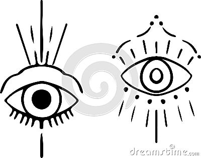 Vector set of occult sign third eye. Mystic symbol for bohemian design. Vector illustration on ethnic style. Buddhist Vector Illustration