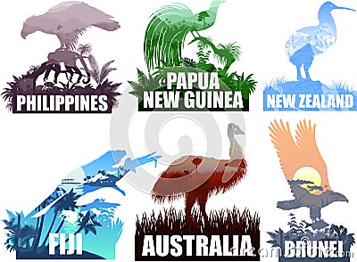 Vector set of Ocenia countries illustrations - New Zealand, Australia, Brunei, Papua New Guinea, Fiji, Philippines Vector Illustration