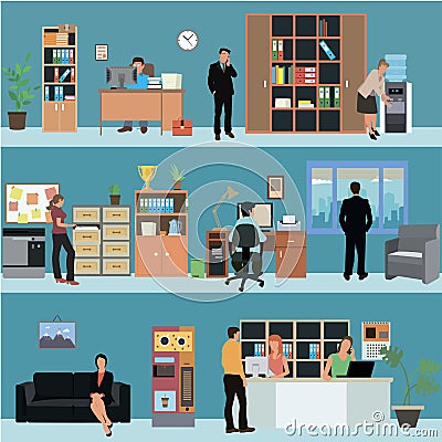 Vector set of office interior banners in flat style design. Business people and finance workers. Company reception room Vector Illustration