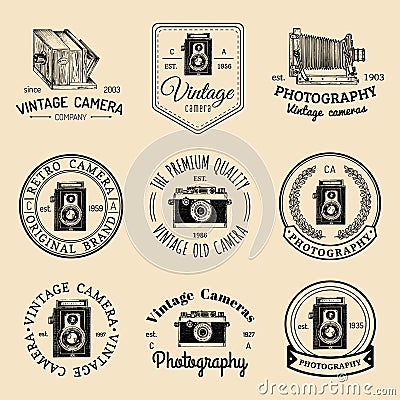 Vector set of old cameras logos. Vintage photo studio, salon signs, labels or badges. Vector Illustration