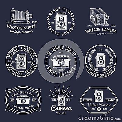 Vector set of old cameras logos. Vintage photo studio, salon signs, labels or badges. Vector Illustration