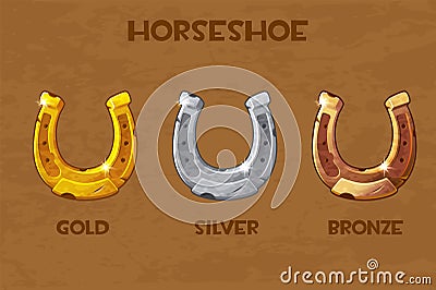 Vector set of old gold, bronze, silver horseshoes. Vector Illustration