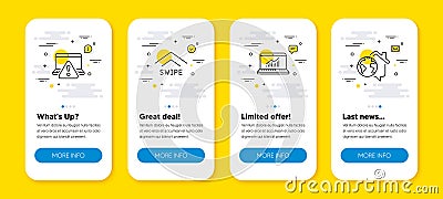 Vector set of Online warning, Swipe up and Online statistics line icons set. Vector Vector Illustration