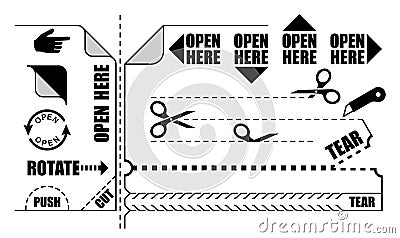 Vector set of Open here label, Tear stripe, Push sign, Cut line, Rotate arrow, Corner sticker for product package Vector Illustration