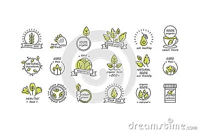 Vector set of organic products labels and badges - collection of different icons and illustrations related to fresh and Vector Illustration