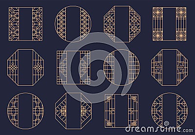Vector set of oriental art for chinese design. Asian frame, border, knot for new year ornament. Japanese decorative Vector Illustration