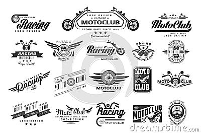 Vector set of original bikers emblems. Vintage logo design. Monochrome labels for motor club. Typography elements for Vector Illustration