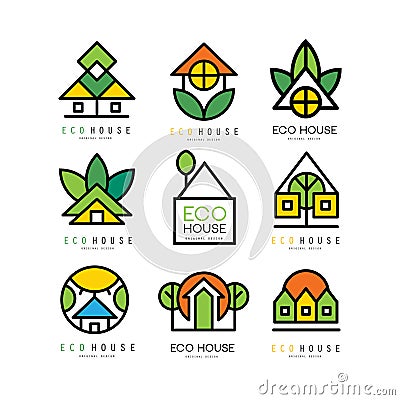 Vector set of original logos with eco friendly houses. Ecological construction. Linear emblems for or architectural Vector Illustration