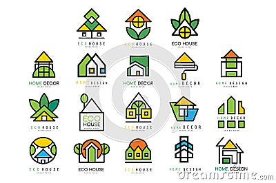 Vector set of original logos with eco friendly houses. Ecological construction. Linear emblems for or architectural Vector Illustration