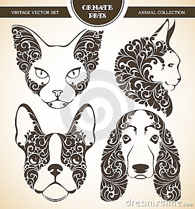 Vector set ornamental decorative pets Vector Illustration