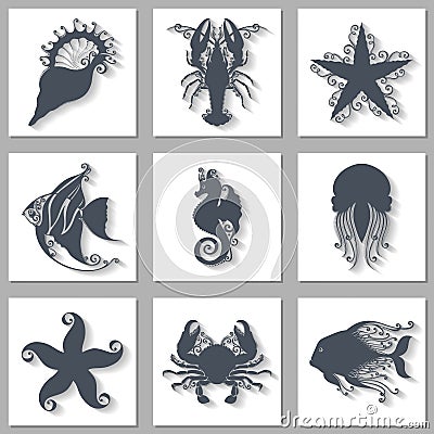 Vector Set of Ornate Sea Animals Icons with Long Shadow Vector Illustration