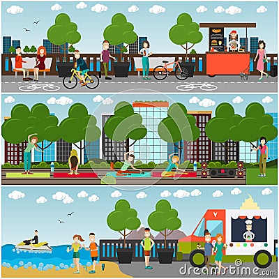 Training outdoors concept vector flat poster set Vector Illustration