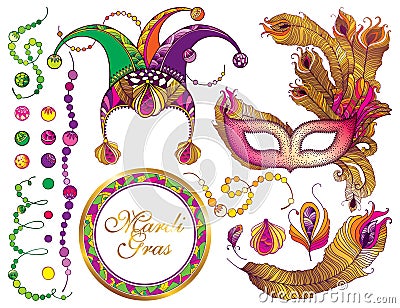 Vector set with outline clown or harlequin cap, Venetian mask, golden peacock feather and ornate colorful beads isolated on white. Vector Illustration