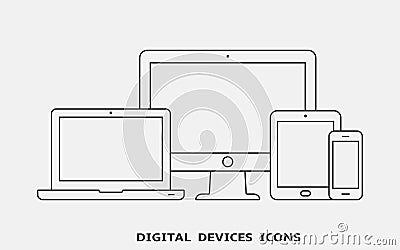 Vector set of outline device icons. Monitor, laptop, tablet pc and smartphone Vector Illustration