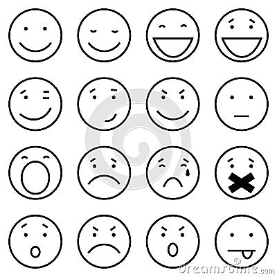 Vector Set of 16 Outline Emoticons Vector Illustration