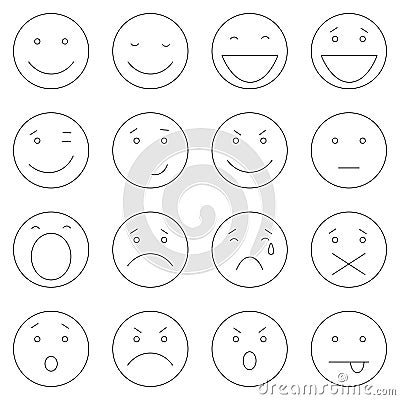 Vector Set of 16 Outline Emoticons Vector Illustration