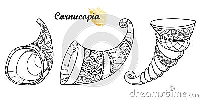 Vector set of outline empty thanksgiving Cornucopia or Horn of plenty in black isolated on white background. Contour Cornucopia. Vector Illustration