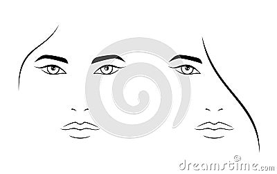 Vector set of outline female face portrait frontal view, isolated Vector Illustration