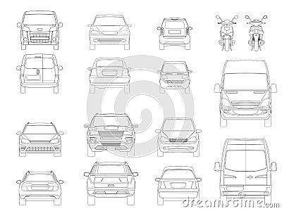 Vector set of outline icons cars. View of the side City transport. Vector Illustration