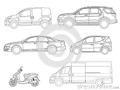 Vector set of outline icons cars. View to the side City transport. Vector Illustration