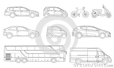 Vector set of outline icons cars. View to the side City transport. Vector Illustration