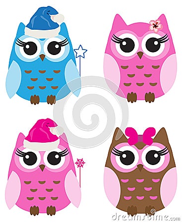 Vector Set of Fun Cute Owls. Vector Illustration