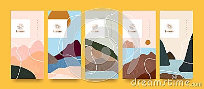 Vector set packaging landscape abstract arts background templates.Line pattern in Asian style. Vector Illustration