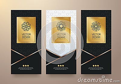 Vector set packaging templates black golden labels and frames for luxury products in trendy linear style. Vector Illustration