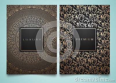 Vector set packaging templates with different golden floral damask texture for luxury product. Trendy design for logo. Vector Illustration