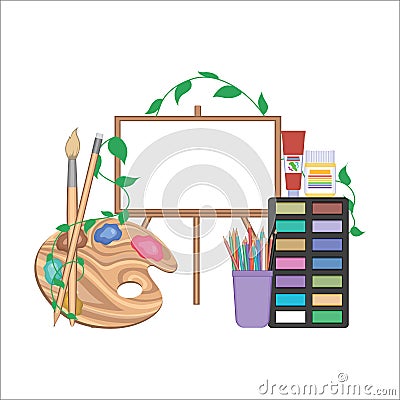 Vector set of painting tools on white background. Paint brushes, pencil stand, pencils, paint in box, tubes and small Vector Illustration