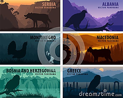 Vector set of panorams countries Balkan Countries with animals Vector Illustration