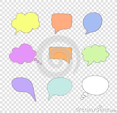 Vector set of pastel color memo note frames, speech bubble shapes, think clouds, objects with a shadows, isolated. Vector Illustration