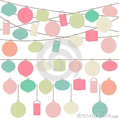 Vector Set of Pastel Colored Holiday Paper Lanterns Vector Illustration