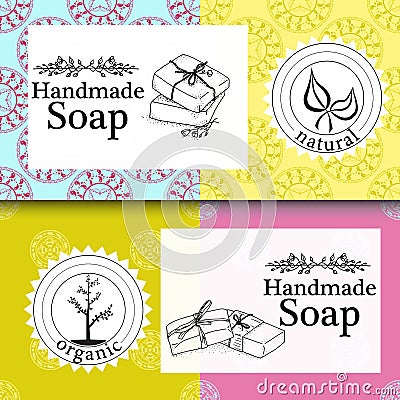 Vector set of patterns, labels and logo design templates for hand made soap packaging and wrapping paper Vector Illustration