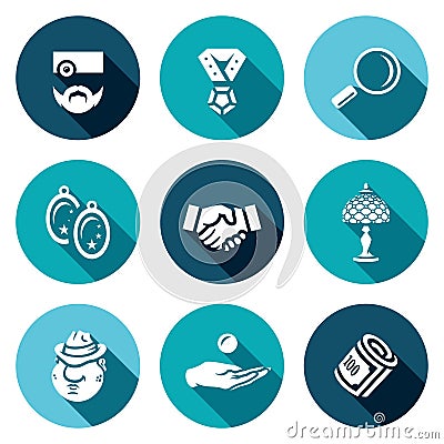 Vector Set of Pawnshop Icons. Appraiser, Jewel, Cost estimate, Jewelry, Deal, Rarity, Criminal, Pay, Money. Vector Illustration