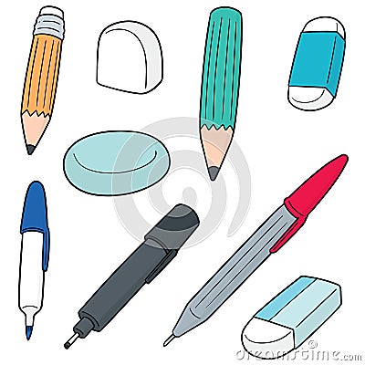 Vector set of pen, pencil, eraser Vector Illustration