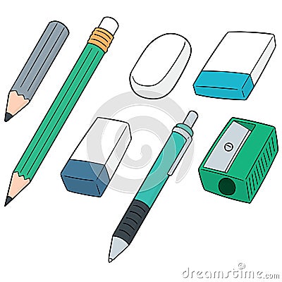 Vector set of pencil, eraser and pencil sharpener Vector Illustration