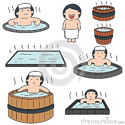 Vector set of people bathing in hot water pool Vector Illustration