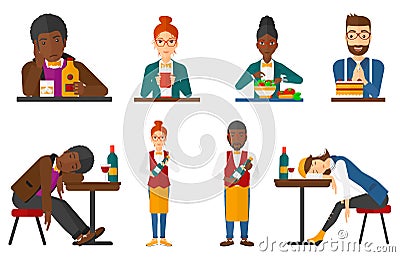 Vector set of people eating and drinking. Vector Illustration