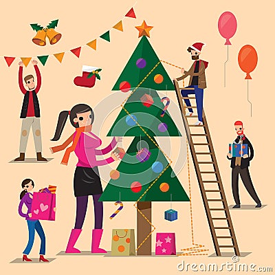 Vector set of people preparing Christmas decoration Vector Illustration