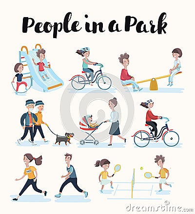 Vector set of people in situations at home and in park Vector Illustration