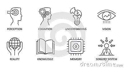 Vector set of perception icons. Editable stroke. Knowledge understanding reality sensory system cognition memory vision Vector Illustration