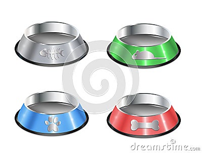 Vector set of pet plates, chrome cat dishes Vector Illustration