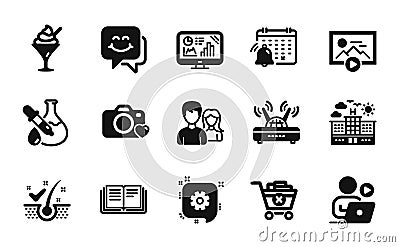 Vector set of Photo camera, Start presentation and Smile face icons simple set. Vector Vector Illustration