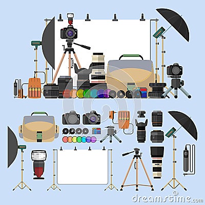 Vector set of photography objects. Photo equipment design elements and icons in flat style. Digital cameras for Vector Illustration