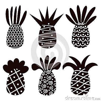 Vector set of pineapples. Tropical fruits with ornament. Hand drawn doodle collection, silhouette. Monochrome icons. An exotic Stock Photo