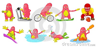 Vector set of pink monsters sport cartoon illustrations. Vector Illustration