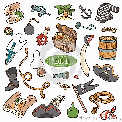 Vector set of pirate items, colorful cartoon collection Vector Illustration