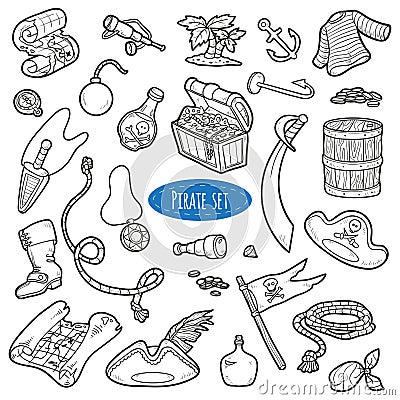 Vector set of pirate items, colorless cartoon collection Vector Illustration